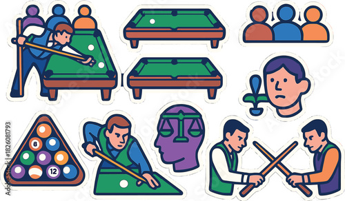 Billiards icons set featuring players, pool tables, and creative game elements for design projects