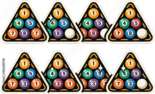 Vibrant pool ball icons with triangle racks for billiards enthusiasts and game night designs