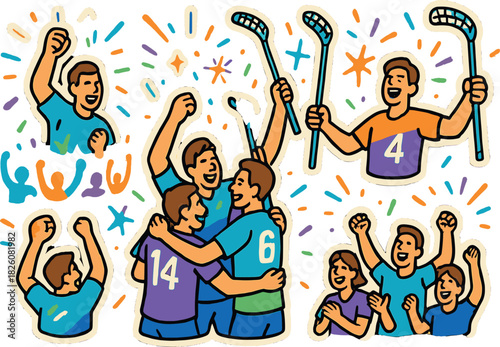 Floorball victory celebration with enthusiastic players and supporters, perfect for sports and team spirit designs