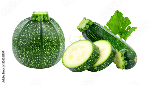 Assortment of fresh, green zucchini and squash with slices, foliage, and stem on black
