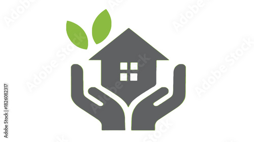 Stylized graphic features house held by hands, plus green leaves symbolizing nature