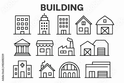 Architectural building icon set line drawing style