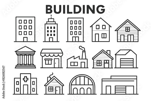 Buildings outlines collection architecture icons set