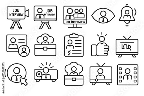 Icons representing online job interviews and hiring