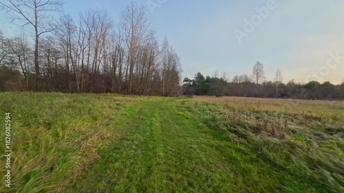 A low and fast drone flight over a river and meadow.