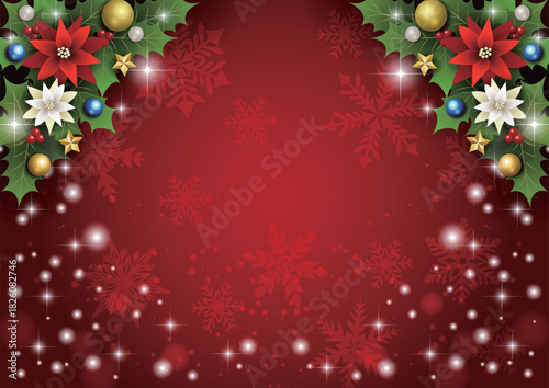 クリスマス背景、下キラキラ雪、赤、ポインセチア、上柊、かわいい、イラスト、横