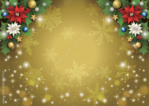 クリスマス背景、下キラキラ雪、金、ポインセチア、上柊、かわいい、イラスト、横