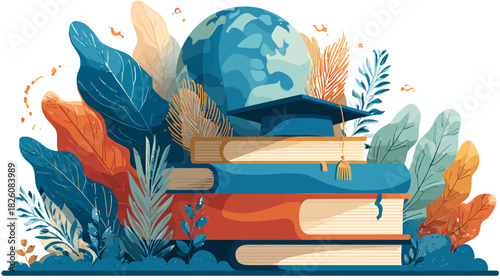 A stylized illustration depicting education, featuring books, a graduation cap, and a globe amidst foliage