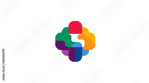 A central colorful abstract design comprised of curved shapes on a plain white background