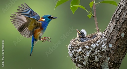 Colorful bird feeding its young in nest on tree branch in nature