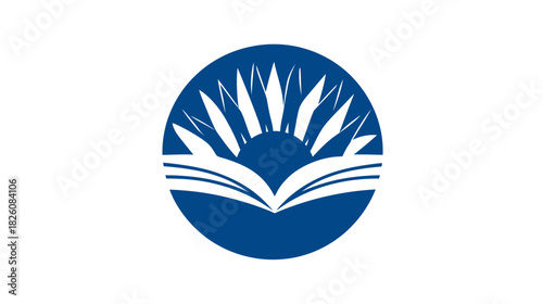 Blue circle with book, sun, and spikes over white background, minimal flat design