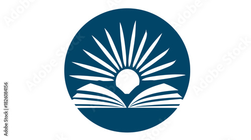 A stylized graphic featuring an open book and a sunburst within a navy blue circle