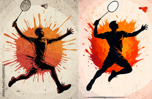 Explosive Badminton Energy, badminton player silhouette, mid-jump pose, dramatic front angle, athletic energy, dynamic motion, paint splash backdrop, vibrant color burst, orange red explosion, game, 
