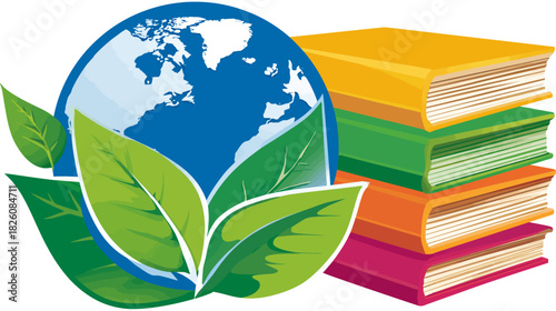 An educational illustration depicts the Earth surrounded by leaves and a stack of colorful books