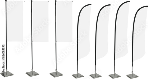 Banner stand evolution illustration showing seven styles from straight rectangular to curved teardrop designs for advertising, event display, and promotional branding solutions.