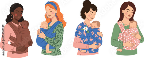Babywearing illustration showing four diverse women carrying sleeping babies in colorful wraps, highlighting comfort, bonding, and caregiving styles across cultures.