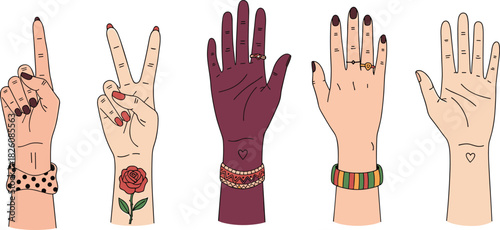 Diverse hand gesture illustration featuring five expressive hands with accessories, tattoos, and unique poses symbolizing individuality, unity, and personal style.