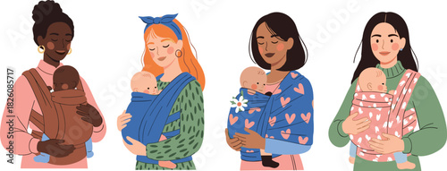 Illustrated mothers holding babies in soft fabric baby carriers, showing diverse women practicing gentle parenting, nurturing bonding, infant care, babywearing comfort, and family love.