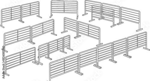 Industrial metal crowd control barriers and safety fencing panels illustration showing modular portable barricade sections for event security, traffic management, and public area containment.