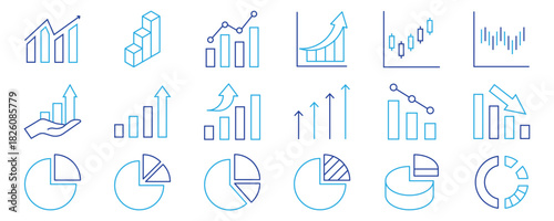 Growing bar graph icon set. Business graphs and charts icons. Statistics and analytics vector icon. Statistic and data, charts diagrams, money, down or up arrow. Vector illustration.