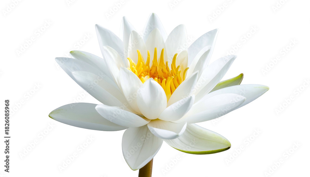 Naklejka premium Close-up of a pure white water lily with a vibrant yellow center, isolated on black