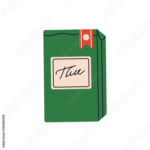 Tea package. Tin box, bag, container with abstract product, branding label, tag. Wrapped sealed drink. Beverage in gift pack. Flat vector illustration isolated on white background