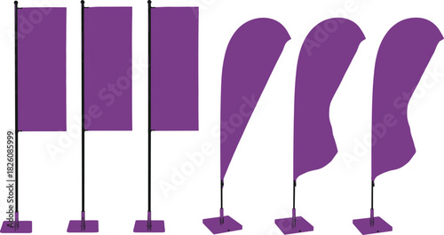 Promotional standing banner flags and display signage illustration showing vertical rectangular banners and curved feather flags for events, advertising, marketing presentations,