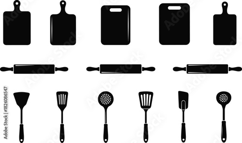 Kitchen Tools and Utensils Vector Set, Silhouette of Cutting Boards, Rolling Pins, Spatulas, and Skimmer Spoon for Cooking and Baking.