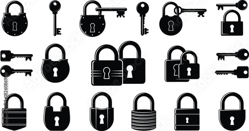 Set of Black Padlock and Key Silhouettes Vector Icons - Security, Privacy, Vintage Locksmith, and Data Protection Symbols