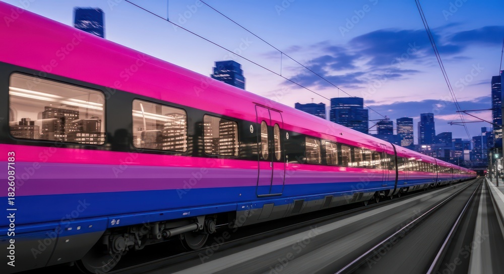 Fototapeta premium Modern transportation painted vibrant pink and blue racing through the cityscape at dusk