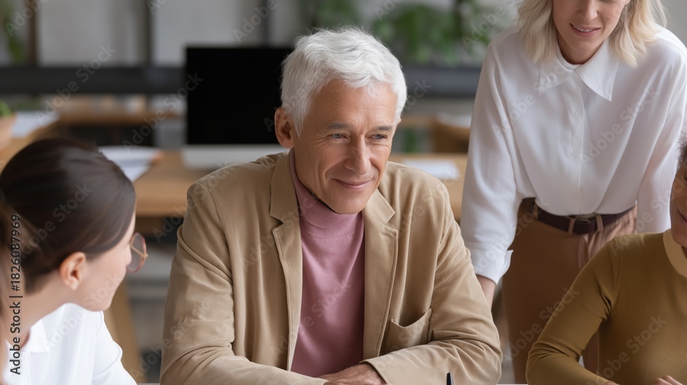 Fototapeta premium A group of diverse, multigenerational business professionals engage in a lively discussion, brainstorming ideas and strategies in a bright, modern office filled with plants and natural light