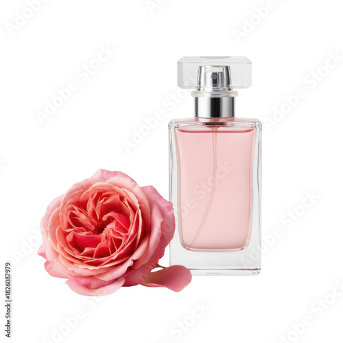 Elegant Perfume Bottle and Delicate Rose Bloom on a Dark Background