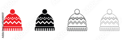 knitted winter hat vector icon, winter apparel hat vector, silhouette and line art
