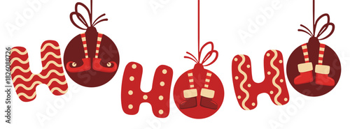 Merry Christmas vector illustration with Ho Ho Ho lettering, Christmas balls decoration and elf legs isolated on white background. Holiday design template for card, poster print, web banner