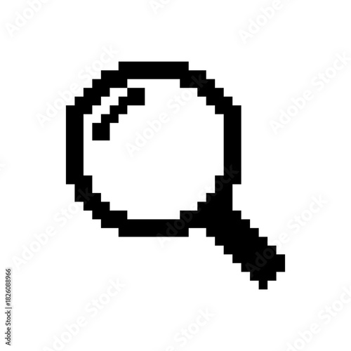 Black pixel art magnifying glass icon. retro style. circular lens and angled handle