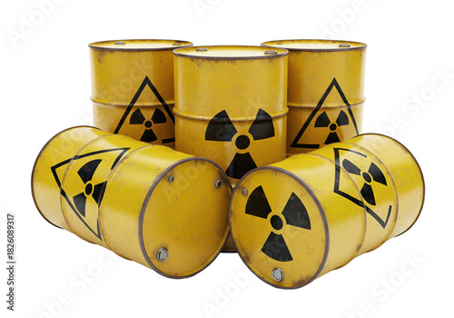 Group of yellow toxic waste barrels marked with radiation warning symbol