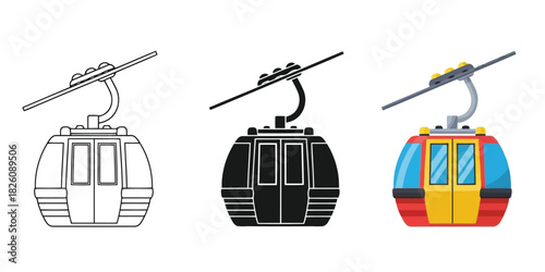 Cable Car In Three styles vector set line art, silhouette and color version