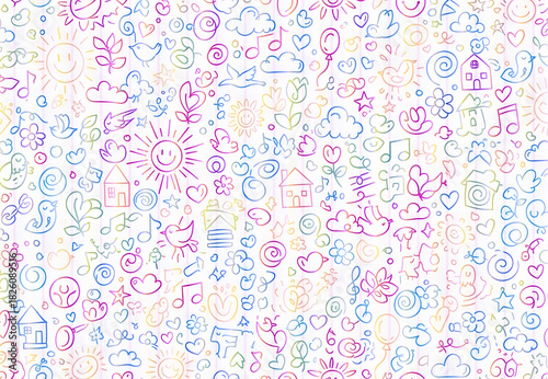 Wallpaper Mural Playful and vibrant abstract doodle pattern featuring whimsical hand-drawn symbols on a colorful glitch effect background, perfect for creative design Torontodigital.ca