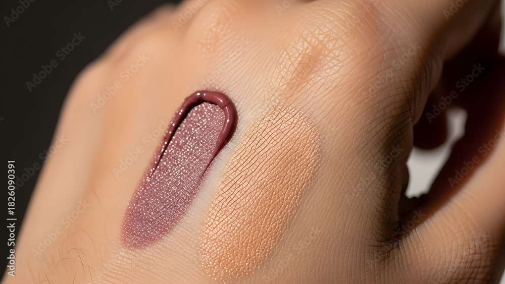 Fototapeta premium Swatches of Matte Berry Liquid Lipstick and Shimmering Gold Eyeshadow on Hand Skin, Close-up Macro Shot