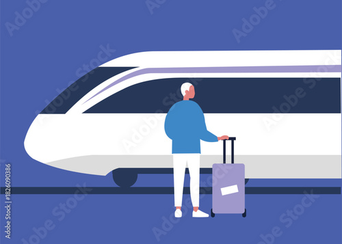 Waiting for the train that had just arrived at the station. The man was carrying a suitcase