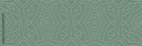 Banner, cover design, mural. Original geometric ethnic 3D pattern on a green background, embossed. Handmade. Ornaments, arabesques, mandalas of the East, Asia, India, Mexico, Aztecs, and Peru.