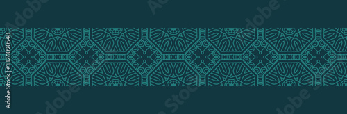 Banner, cover design, mural. Geometric ethnic abstract pattern, blue background. Handcrafted style. Tribal ornaments, arabesques, mandalas. Traditions of the East, Asia, India, Mexico, Aztecs, Peru.

