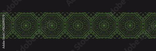 Banner, cover design, mural. Geometric ethnic artistic pattern, black background. Handcrafted style. Tribal ornaments, arabesques, mandalas. Traditions of the East, Asia, India, Mexico, Aztecs, Peru.
