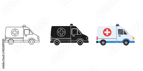 Ambulance In Three styles vector set line art, silhouette and color version