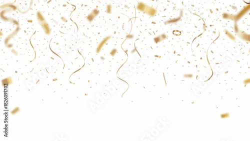 Elegant Golden Confetti and Streamers Falling on a Clean White Backdrop for Festive Celebrations