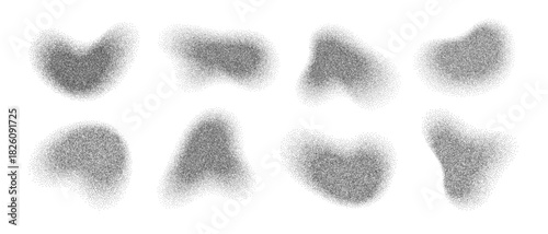Stippled irregular shapes noise grain effect gradient texture set. Grainy halftone dots with noise textures and organic brush spray effects create abstract visual elements for contemporary artwork.