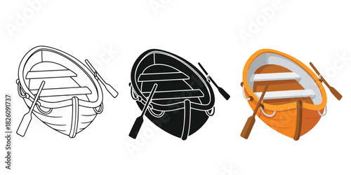 Classic wooden rowboat Three styles vector set line art, silhouette and color version
