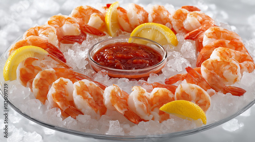 classic shrimp cocktail served on crushed ice, bright orange shrimp arranged in a circular pattern, red cocktail sauce in the middle, garnished with lemon wedges, crisp