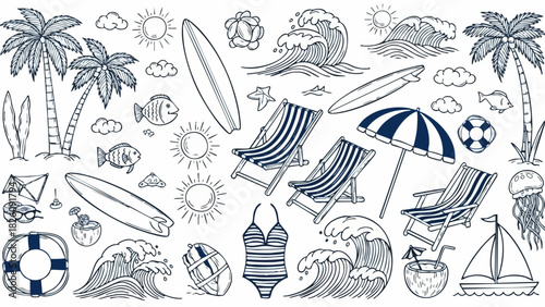 Beach vacation elements illustration with surfboard, waves, and sun.