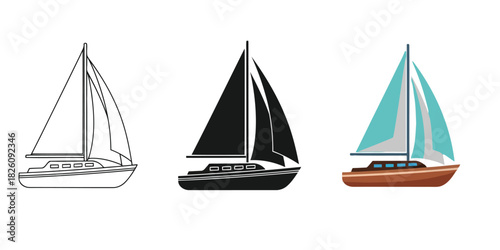 Sailboat Three styles vector set line art, silhouette and color version